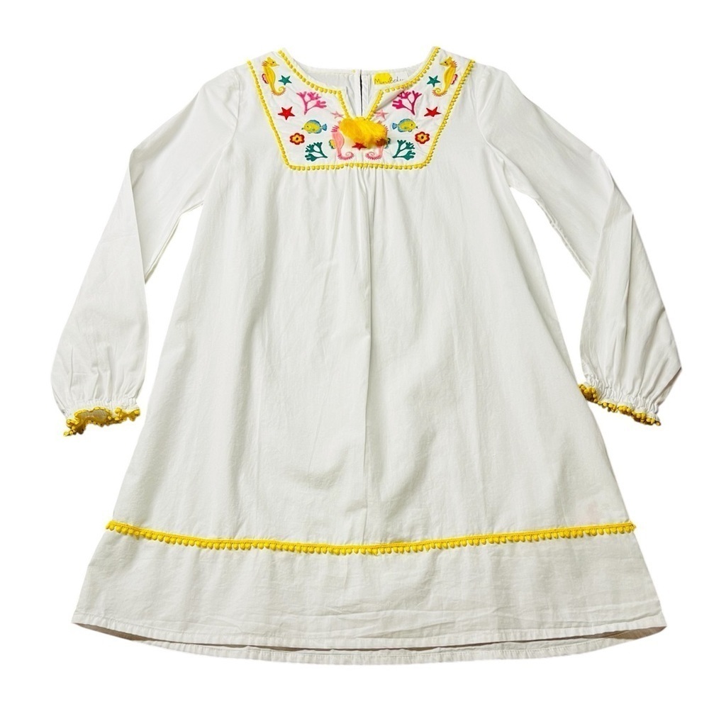 MINI BODEN GIRLS WHITE PULLOVER DRESS WITH BEACH THEME EMBROIDERY SIZE 11-12Y
